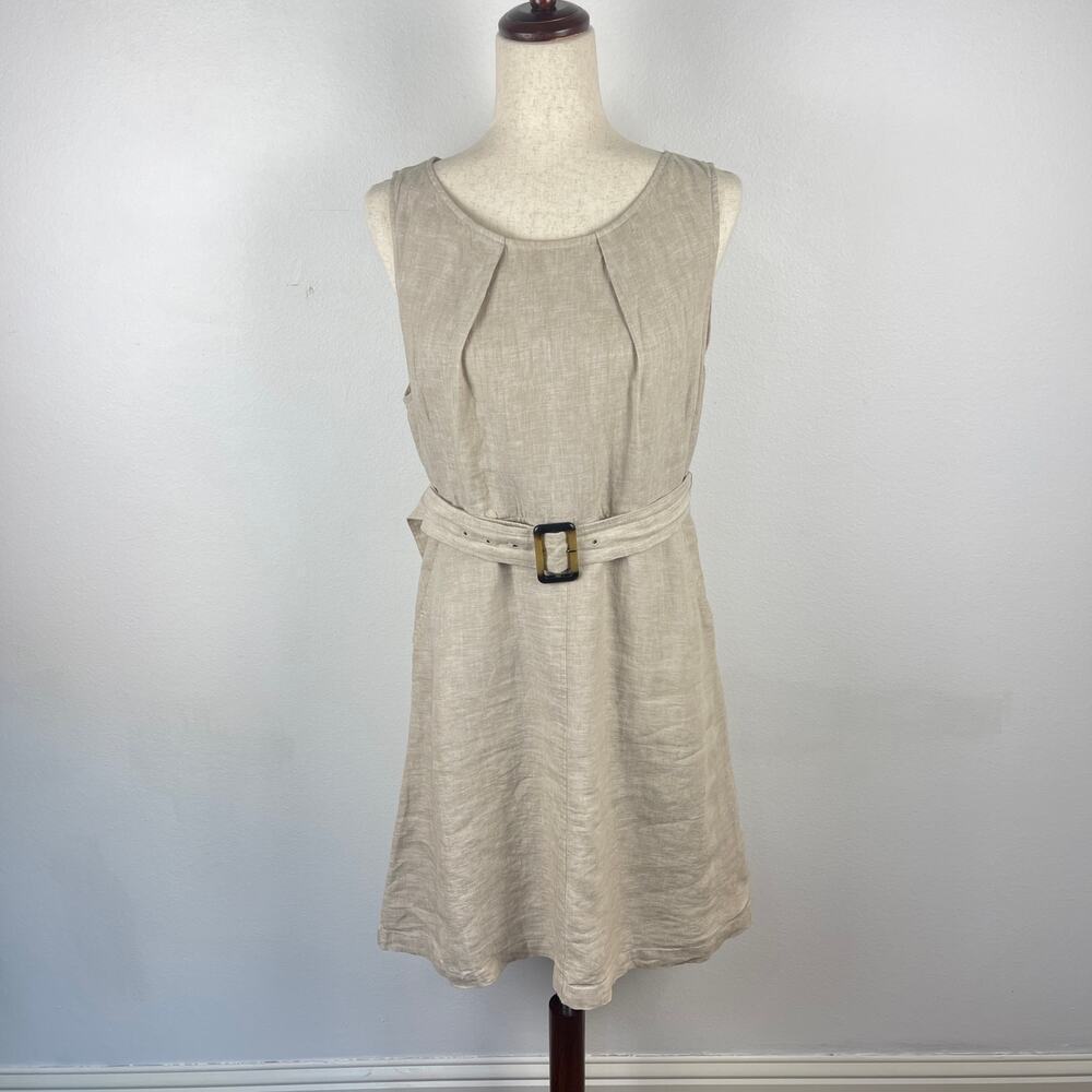 Tahari Beige Natural Linen Sheath Dress Sleeveless Belted Lined Women's size 8
